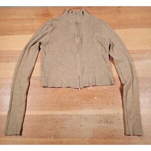 Dreamers by Debut Heather Latte Brown Ribbed Cropped Long Sleeve Two Zippers L